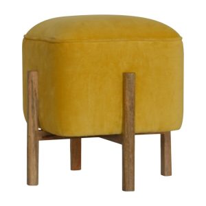 IN1273 - Mustard Velvet Footstool with Solid Wood Legs-