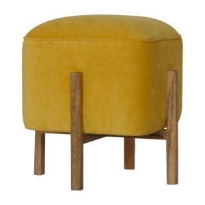 IN1273 - Mustard Velvet Footstool with Solid Wood Legs-IN1273
