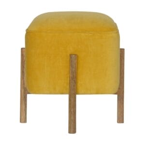IN1273 - Mustard Velvet Footstool with Solid Wood Legs-IN1273-