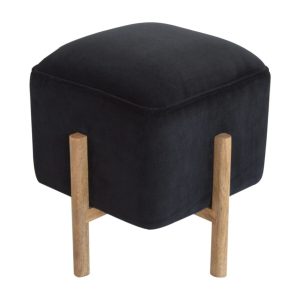 IN1371 - Black Velvet Footstool with Solid Wood Legs-