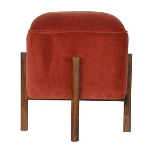 IN1372 - Brick Red Velvet Footstool with Solid Wood Legs-IN1372-