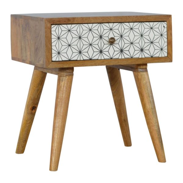 Mango Wood Bedside Table with Geometric Screen Printed Drawer Front
