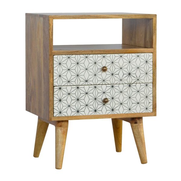 2 Drawer Geometric Screen-Printed Bedside with Open Slot