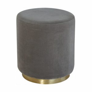 Grey Upholstered Round Gold Base Footstool
