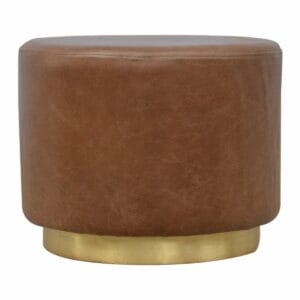 IN428 - Brown Buffalo Leather Footstool with Gold Base-IN428-