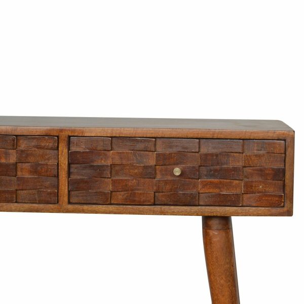 Artisan Tile Carved Chestnut Console Table Mango Wood